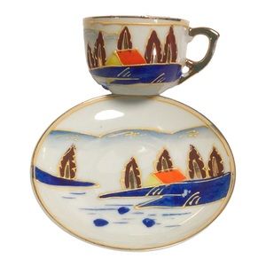 *MINIATURE* Gold Gilded Hand Painted Scenic Tea Cup & Saucer - Made in OCC